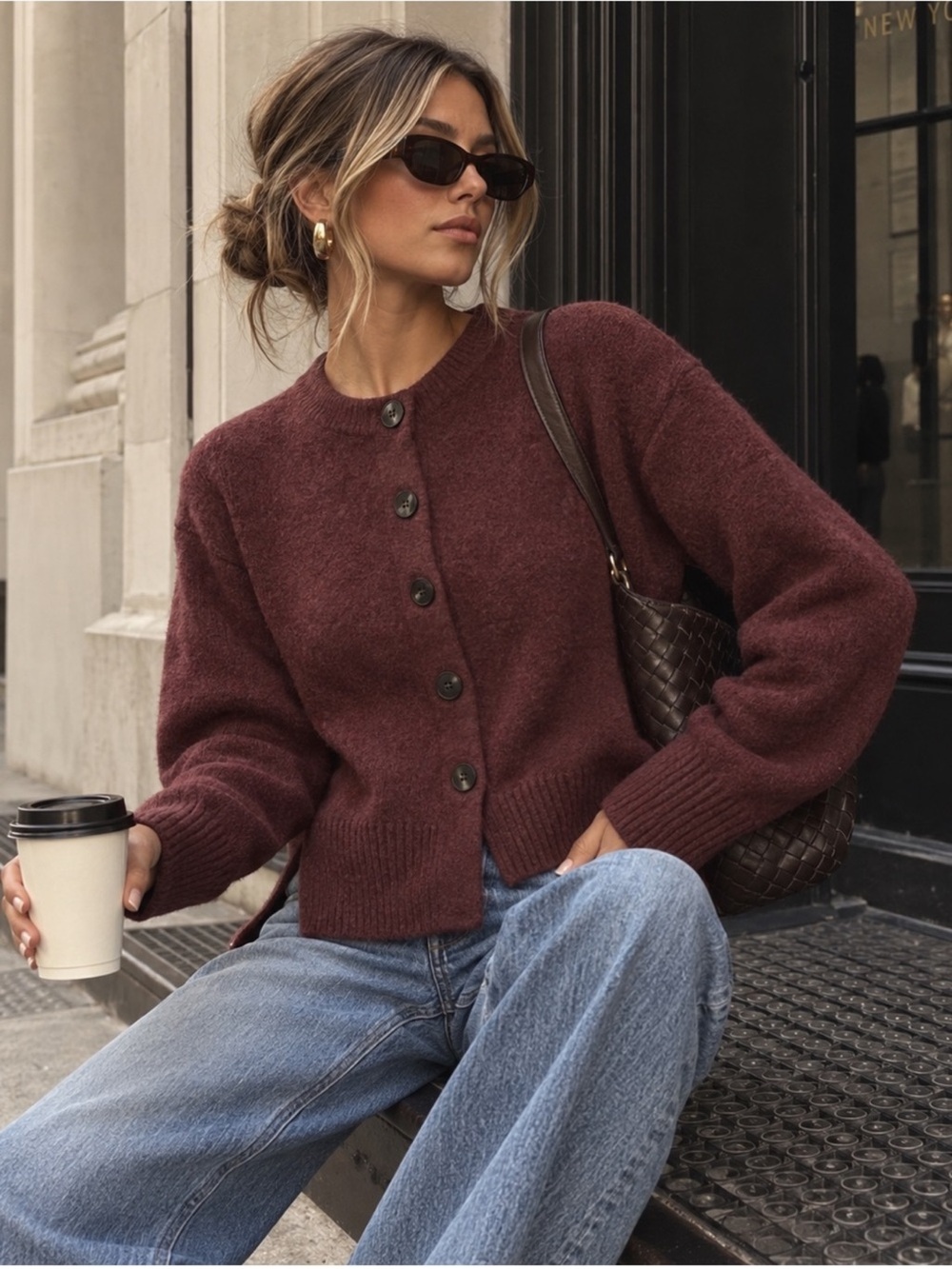 Camila Coelho Wool Blend Cardigan Burgundy NWT